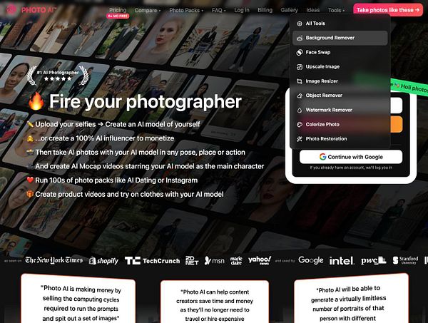 Screenshot of a modern web portfolio homepage with a dropdown menu triggered by a three-dot icon.