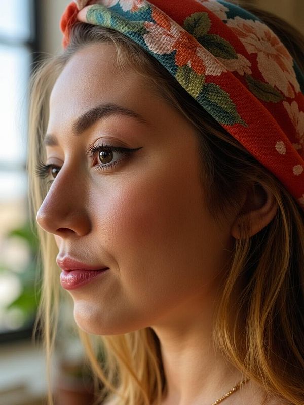 A close-up profile of a woman wearing a floral hair scarf.