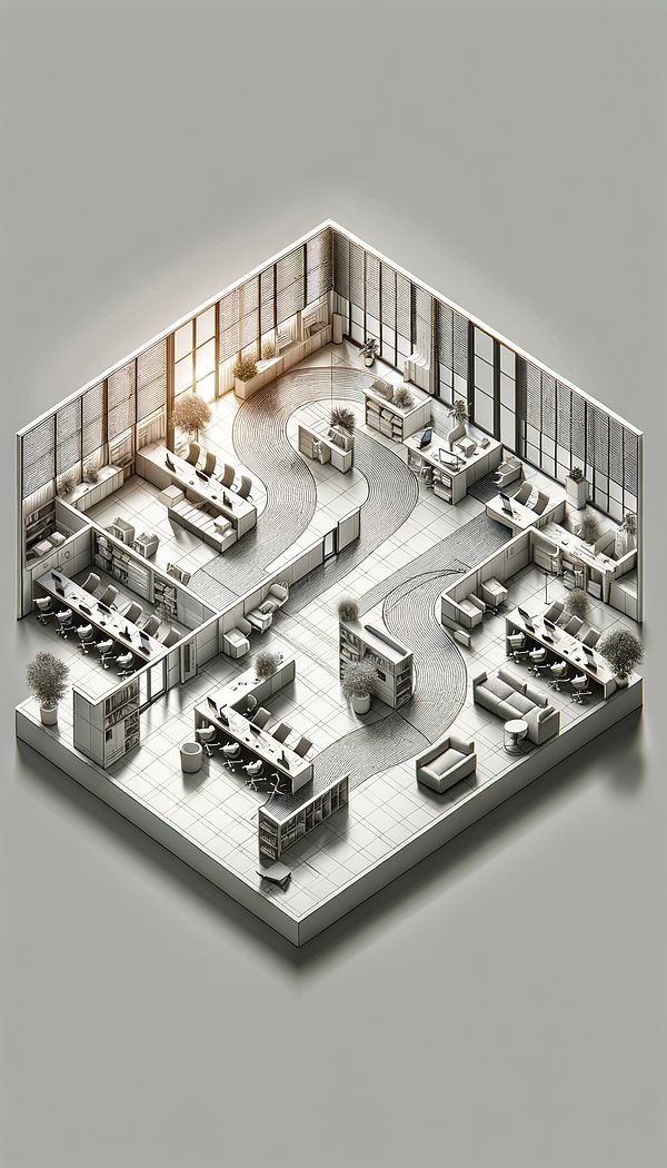 A spacious office layout showing two clear paths for movement in opposite directions, with strategically placed furniture and room dividers to guide the flow.