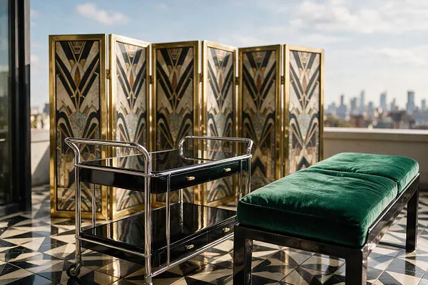 An outdoor rooftop seating area in Art Deco style with a black and white geometric tiled floor, a gold folding screen with fan-like patterns, a chrome bar cart, and a dark bench topped with green velvet cushions. A city skyline appears softly in the background under a bright sky.