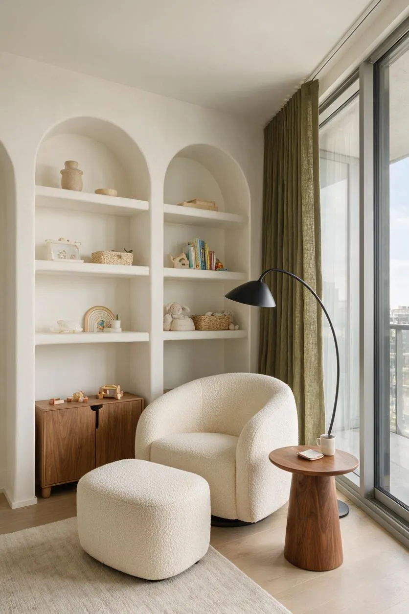 A modern nursery with two built-in arched shelves set into a white wall, styled with baskets, books, and toys. A cream boucle armchair and matching ottoman sit beside a small walnut side table and a tall black floor lamp, with olive curtains and a large sliding glass door bringing in natural light.