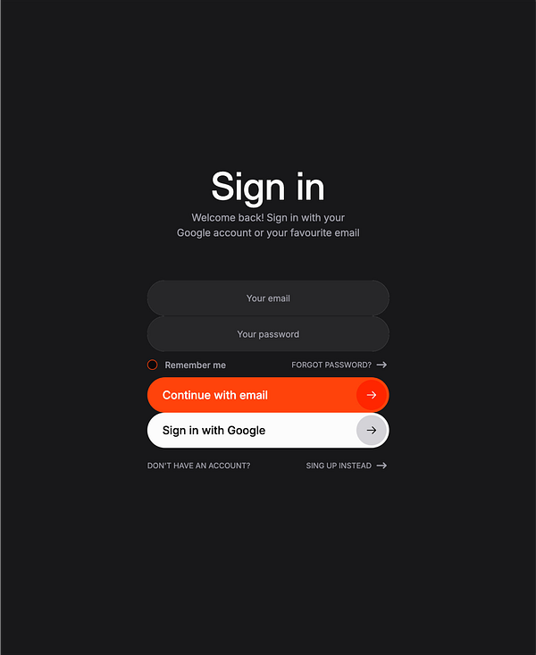 The image displays a sleek sign-in interface for a web application using a dark theme.