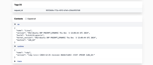 The image displays a technical dashboard interface showing request details and system context information.