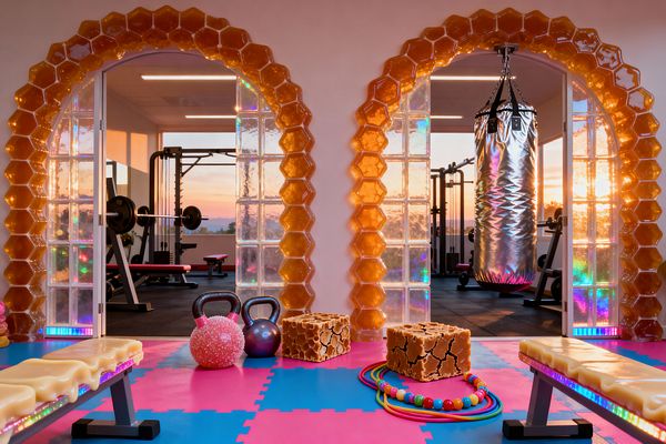 A whimsical home gym features two glass-block archways edged in amber honeycomb trim, opening to a weight area with black machines. The foreground has pink and blue foam tiles, cream-topped benches with rainbow LED edges, iridescent kettlebells, a spiky pink massage ball, honeycomb-textured cubes, and a colorful beaded jump rope. A metallic-silver heavy bag hangs beyond the right arch. Warm sunset light glows through the glass, highlighting the candy-toned palette and glossy finishes.