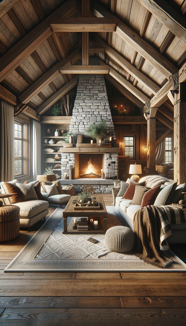 a cozy living room featuring exposed wooden beams, a stone fireplace, and comfortable seating with plush textiles