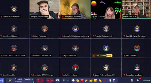 A virtual meeting featuring multiple participants, including Robinson Burkey, Co-Founder and CCO of the Wormhole Foundation.