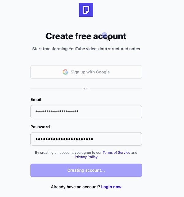 The image displays a user interface for creating a free account on a platform that transforms YouTube videos into structured notes.