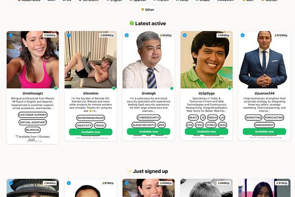 The image displays a grid of user profile boxes featuring pictures and details about various professionals.