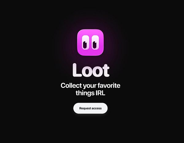 Screenshot of the Loot app's website home page featuring a dark theme with the logo and navigation menu on top.