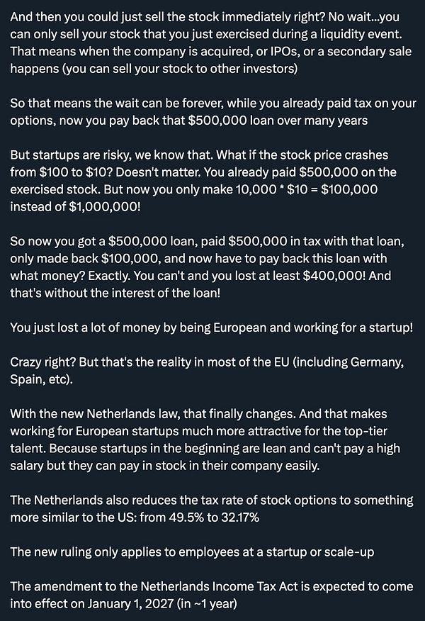 The image contains a detailed explanation of the new tax regulations in the Netherlands regarding stock options for startups.