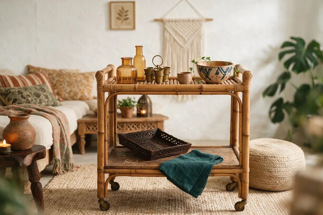 A bohemian living room features a bamboo bar cart on wheels styled with amber glass bottles, brass cups, a patterned ceramic bowl, and a dark carved tray. The room includes a neutral sofa with textured pillows, woven rugs, a macramé wall hanging, a pouf, and layered natural decor in warm earthy tones.