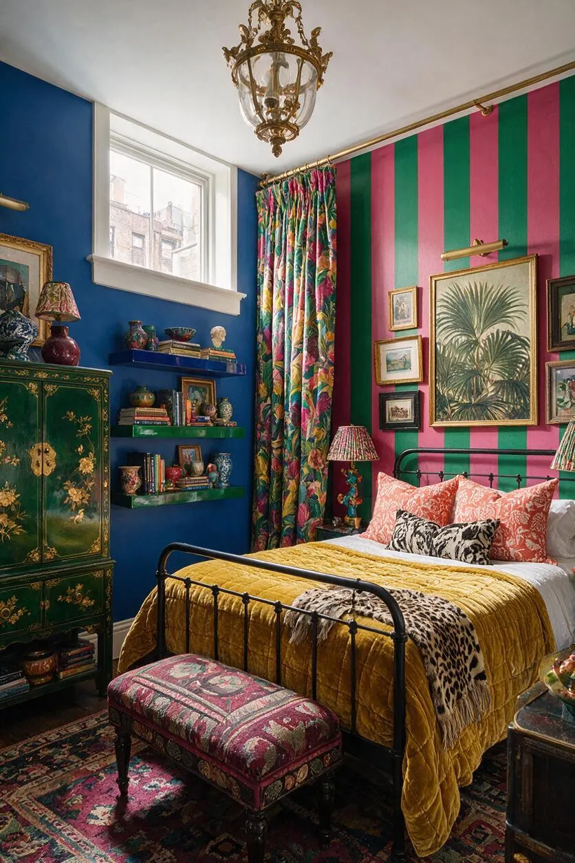 A vibrant guest bedroom filled with maximalist decor, featuring a black metal bed with coral pillows, a mustard quilt, and patterned throw. One wall has bold pink and green vertical stripes, while another is painted cobalt blue with floating shelves and decorative objects. The room also includes a floral curtain, ornate green cabinet, patterned bench, vintage rug, and an elaborate brass chandelier.