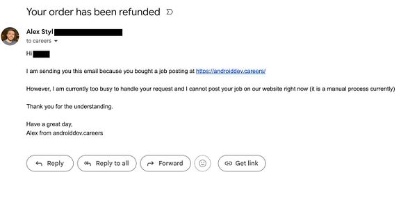 An email notification confirming a refund for a job posting.