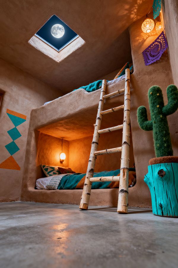 A children’s room with built-in adobe-style bunk beds made of earthen plaster features a birch log ladder and a square skylight showing a full moon. Warm wall and pendant lights illuminate teal blankets, patterned pillows, papel picado banners, a painted zigzag mural in orange and turquoise, a polished concrete floor, and a playful felt cactus in a turquoise log planter.