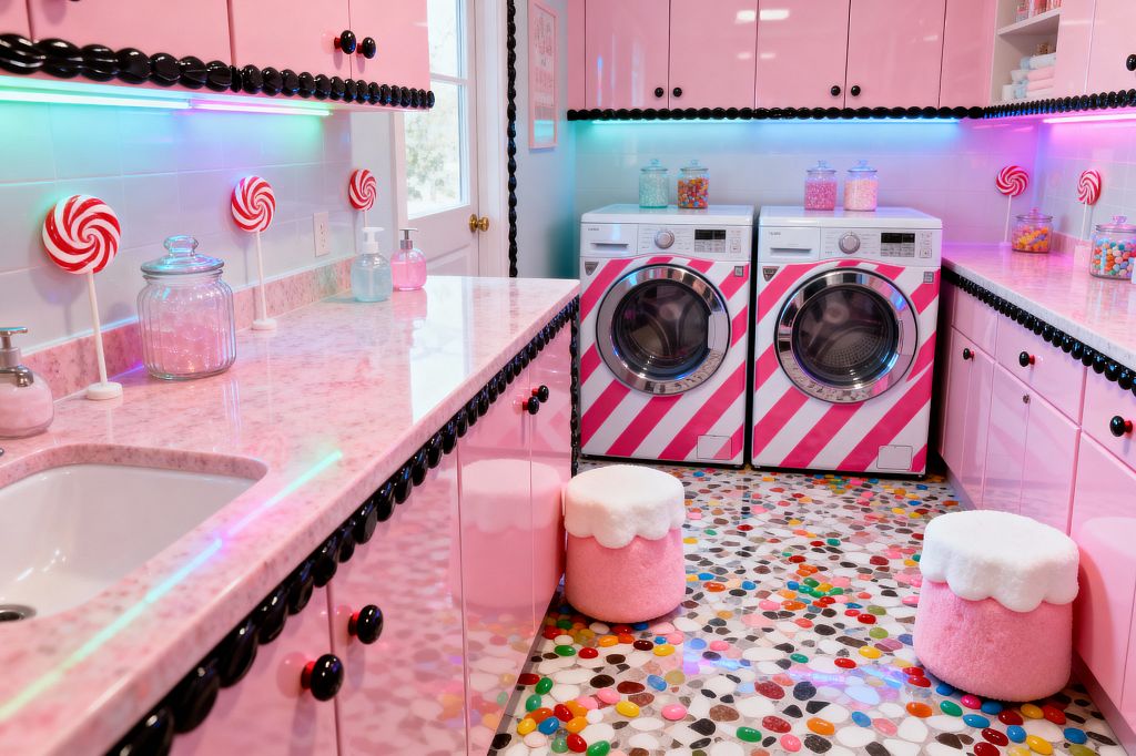 A playful laundry room styled like a candy shop shows glossy bubblegum-pink cabinets trimmed with black bead-like edging, polished pink countertops, and a white tile backsplash decorated with red-and-white lollipop accents. A front-load washer and dryer wrapped in pink diagonal stripes sit beside glass apothecary jars of candy, under pastel RGB under-cabinet lighting, above a terrazzo floor scattered with jelly-bean chips and two cupcake-shaped stools.