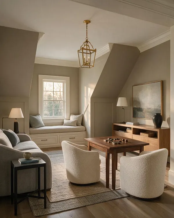 A transitional game room with a small wooden game table and two cream upholstered swivel chairs centered on a textured area rug. A built-in window seat, gray sofa, wood storage console, brass lantern pendant, and soft neutral walls create a calm, inviting atmosphere.
