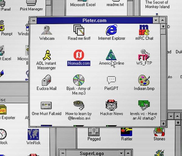 Screenshot of a Windows 3.11 desktop showing running Nomads game and various system windows.
