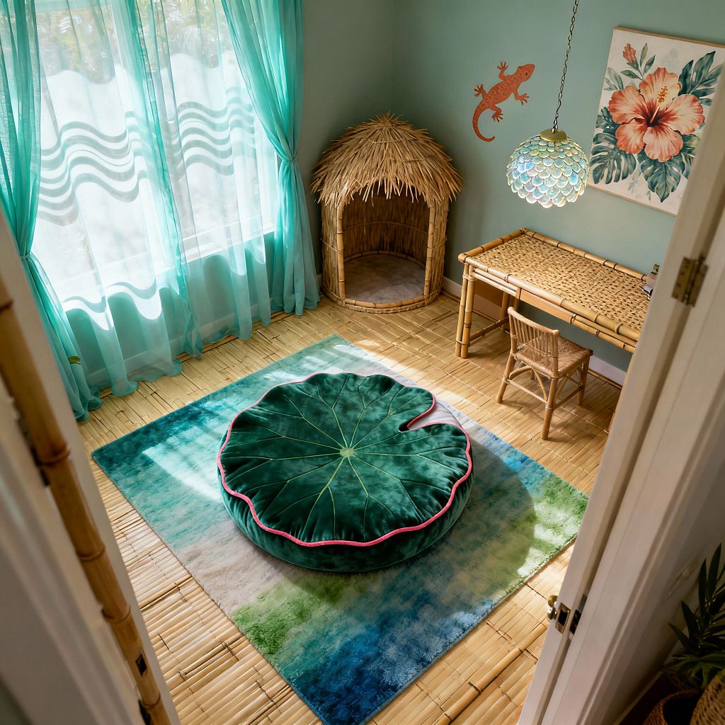 A children's room in tropical style with seafoam green walls and turquoise wave-pattern sheer curtains, bamboo flooring, a bamboo desk with a rattan chair, and a thatch-roof reading nook. At center, a plush lily-pad cushion rests on an ocean-gradient rug beneath an iridescent capiz-shell pendant, with a coral gecko decal and hibiscus artwork completing the playful look as sunlight fills the space.