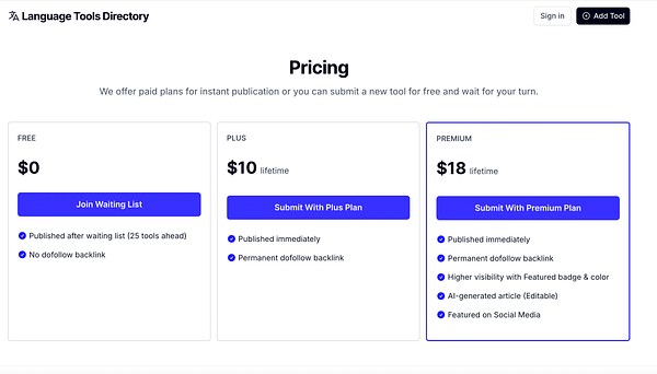 The image displays a pricing table for the Language Tools Directory, outlining different submission plans.