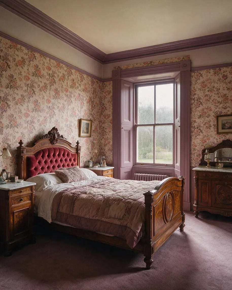 A Victorian-style master bedroom with an ornate carved wood bed, a deep red tufted velvet headboard, floral wallpaper, and mauve trim around the ceiling and window. Matching antique wooden dressers flank the room, and soft natural light filters through a tall window.