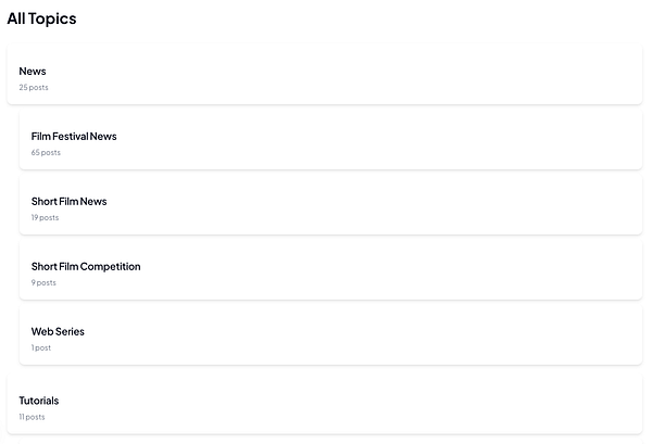 The image displays a list of topics related to indie short films along with the number of posts under each category.