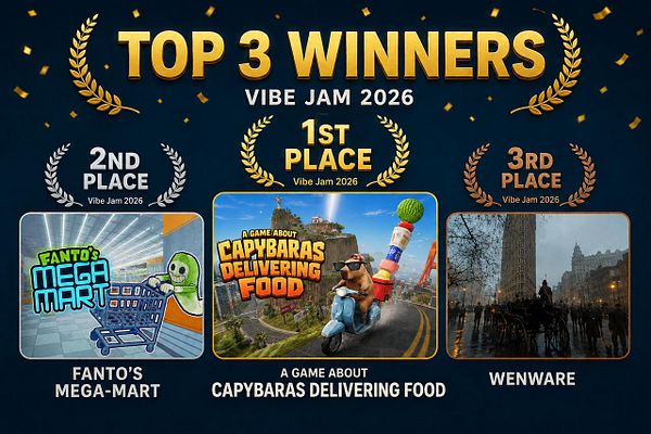 Winner announcement tweet of the #vibejam 2026 contest featuring an enthusiastic woman and a vibrant design.