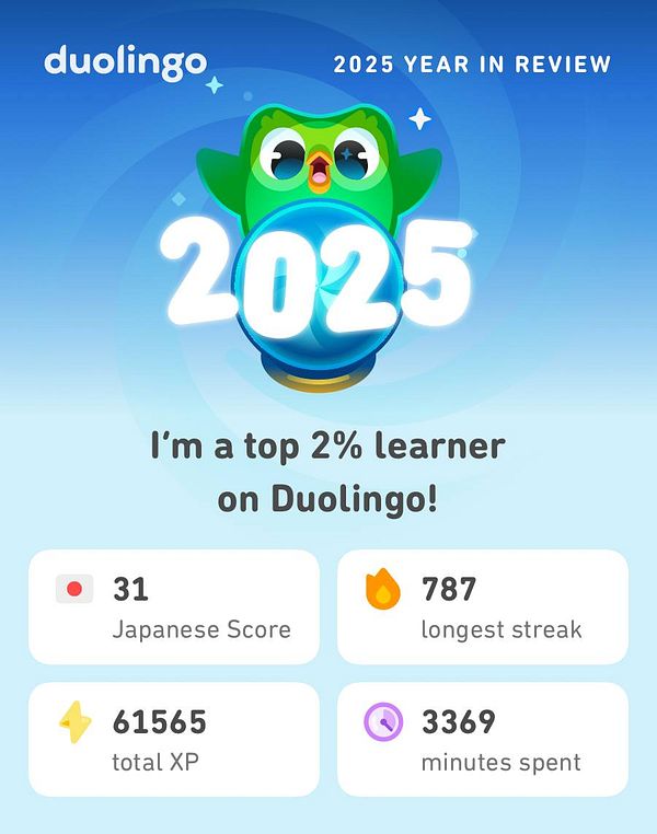 A colorful Duolingo year-in-review graphic for 2025 highlights a user's achievements in language learning.