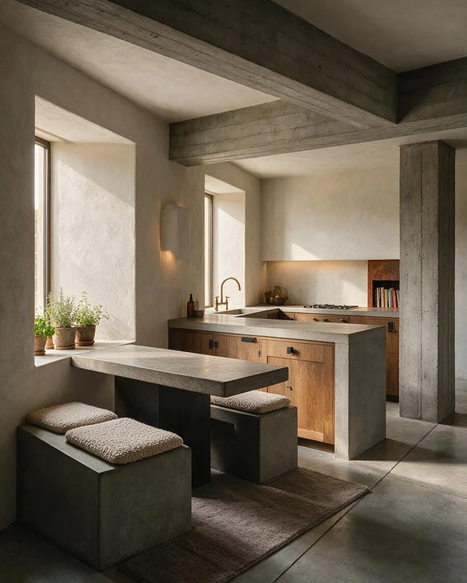A Brutalist kitchen with exposed concrete ceiling beams, thick plaster walls, and a large concrete island paired with warm wood cabinetry. A built-in bench with textured cushions sits beside a window ledge holding potted herbs, while soft daylight and earthy finishes create a calm, sculptural atmosphere.