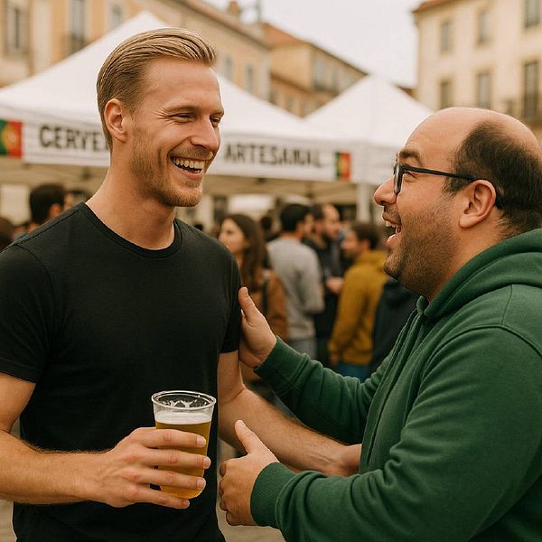 Two men are joyfully interacting at a beer festival in Portugal.