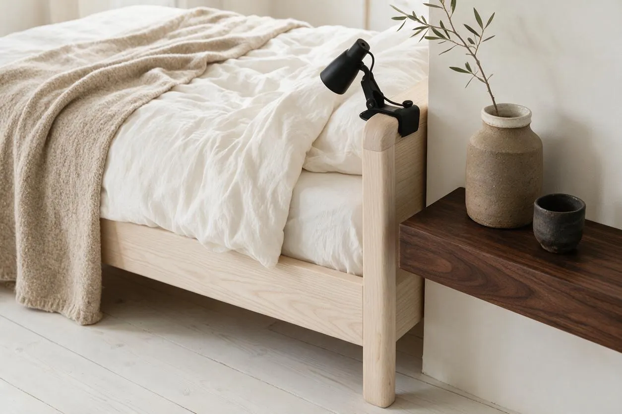 A calming Japandi master bedroom with a light wood bed frame dressed in white bedding and a soft beige throw. A dark wood floating nightstand holds a small black lamp and earthy ceramic vases, while pale flooring and a neutral wall create a quiet, minimalist atmosphere.