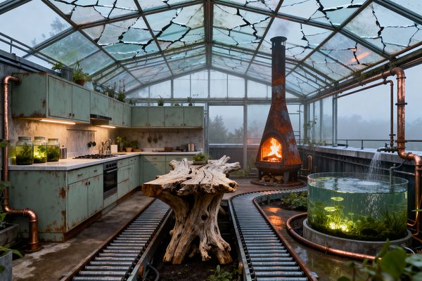 A greenhouse-style kitchen sits beneath a cracked glass roof, with L-shaped mint-green metal cabinets streaked with rust and a white countertop holding a gas cooktop and jars. A curving line of galvanized conveyor rollers surrounds a sculptural driftwood table, while a rusted cone fireplace burns near a lit cylindrical aquaponics tank; exposed copper pipes, concrete floor, potted herbs, and under-cabinet lighting complete the moody, rain-fogged scene.