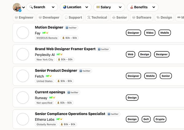 The image displays a job listing interface with various design-related positions.