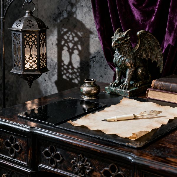 A Gothic home office vignette centers on a dark, carved wooden desk with quatrefoil detailing, holding aged parchment and a feather quill beside a small brass inkwell. A patinated bronze griffin sculpture anchors stacked leather-bound books, while a black pierced-metal lantern with a glowing candle casts patterned shadows across a charcoal stone wall. Rich purple velvet drapery adds depth and softness to the moody, medieval-inspired scene.