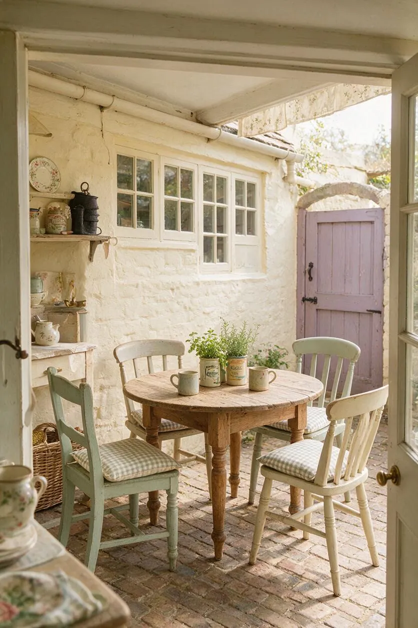 A cozy cottage-style patio with a round wooden table surrounded by four mismatched painted chairs in soft pastel tones. The space features whitewashed stone walls, a brick floor, a lavender-painted door, and shelves with vintage pottery, creating a warm, rustic garden atmosphere.