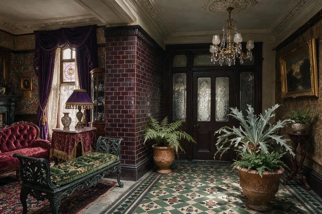 A richly decorated Victorian-style entry hall with dark wood doors, a crystal chandelier, patterned green and cream tile flooring, and potted ferns. Velvet seating, floral wallpaper, heavy purple drapery, and gilt framed art create a dramatic, antique atmosphere.