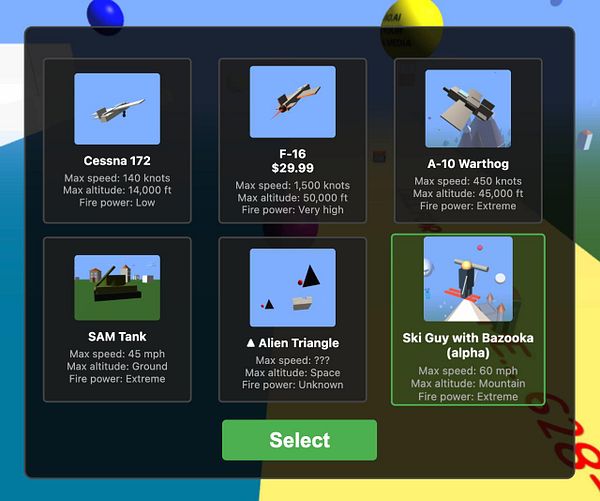 The image displays a selection screen for various vehicles and characters in a game, highlighting the 'Ski Guy with Bazooka' option.