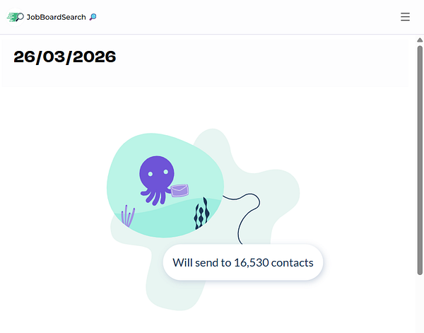 A laptop on a white desk displaying a newsletter email template in editing mode with colorful images and text blocks, surrounded by office supplies.