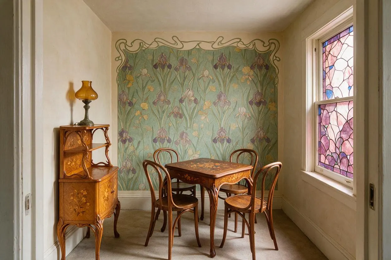 A small Art Nouveau game room with a carved wooden card table and four bentwood chairs centered in the space. A decorative wooden cabinet with an amber glass lamp stands on the left, while a floral mural and stained-glass window add soft pastel color and organic detail.