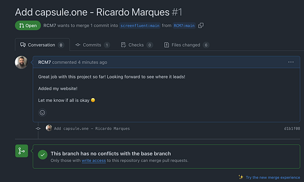 A GitHub pull request interface showing a comment and merge status.