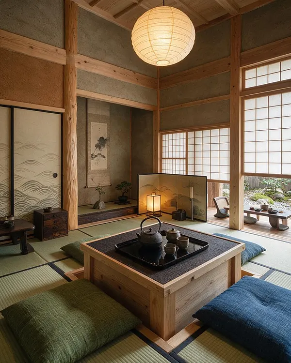 A serene Japanese Zen game room with tatami floor mats, a low wooden tea table, floor cushions in green and blue, and soft lantern lighting. Shoji screens, exposed timber beams, and a garden view create a calm, traditional atmosphere.