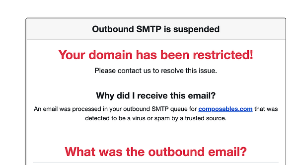 The image displays a notification about the suspension of outbound SMTP services due to a domain restriction.