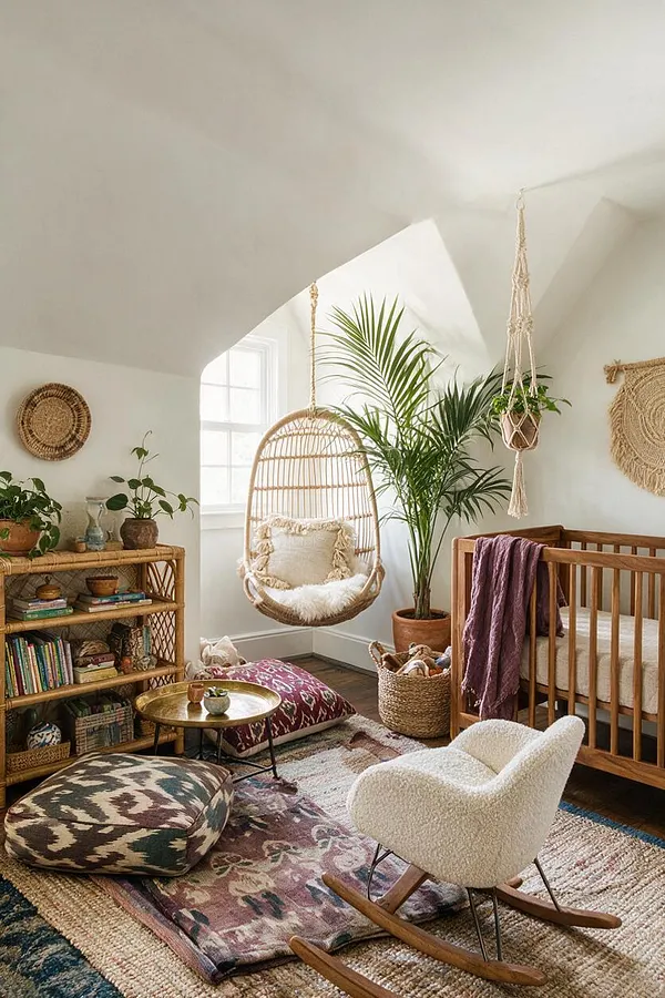 A cozy bohemian nursery with a wooden crib, a hanging rattan chair by a bright window, layered patterned rugs and floor cushions, woven wall decor, and lush potted plants. A boucle rocking chair, macrame plant hanger, and natural wood furniture create a warm, relaxed atmosphere.