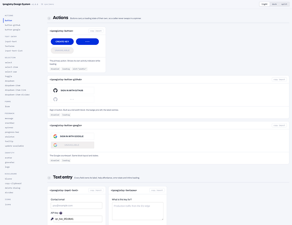 Screenshot of several design system colors and their details for #ipregistry UI components in Figma interface.