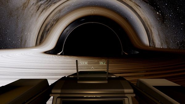 View from a spaceship cockpit flying toward a detailed black hole with luminous accretion disk and surrounding stars in space simulation VR prototype.