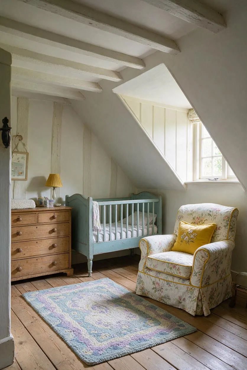 A cozy cottagecore nursery with exposed white ceiling beams, sloped walls, and a small multi-pane window. The room includes a pale blue crib, a floral slipcovered armchair with yellow trim and a matching accent pillow, a natural wood dresser with a yellow lamp, and a soft pastel rug over wide plank wooden floors.