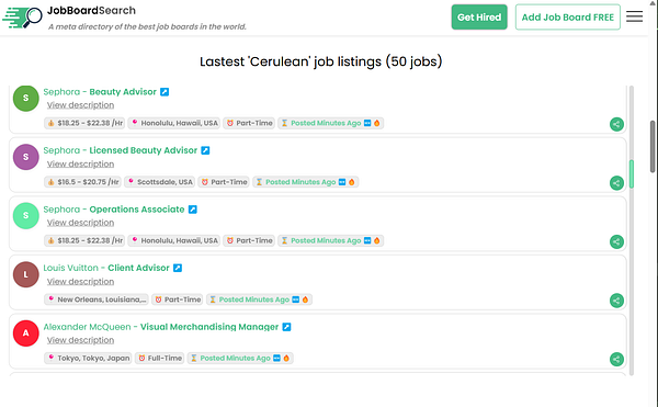 The image displays a job listing interface for a job board featuring various job opportunities.