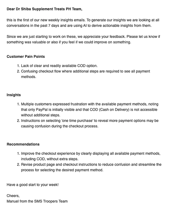 The image contains a detailed email outlining weekly insights for a merchant team, focusing on customer pain points, insights, and recommendations regarding payment methods.