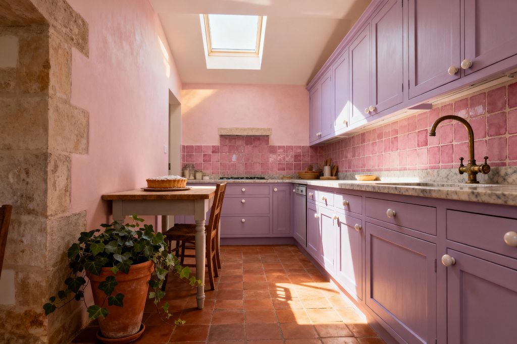 A sunlit galley kitchen features lavender Shaker cabinets with white marble countertops and a pink square-tile backsplash. Blush limewashed walls, terracotta floor tiles, and an antique brass bridge faucet add vintage warmth. A small farmhouse table with wooden chairs sits to the left, topped with a cake, beside a terracotta pot of ivy. A stone doorway and a stone shelf above the cooktop and a ceiling skylight complete the airy, Shabby Chic setting.
