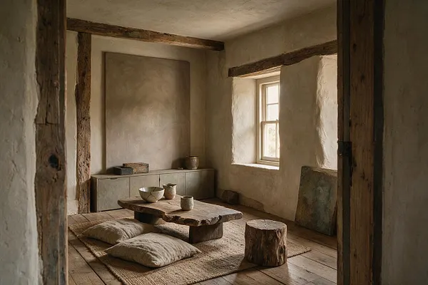 A serene game room with rough plaster walls, exposed timber beams, and a low organic wooden table on woven rugs. Floor cushions, ceramic bowls, a stump stool, and muted neutral tones create a calm, tactile Wabi-Sabi atmosphere.