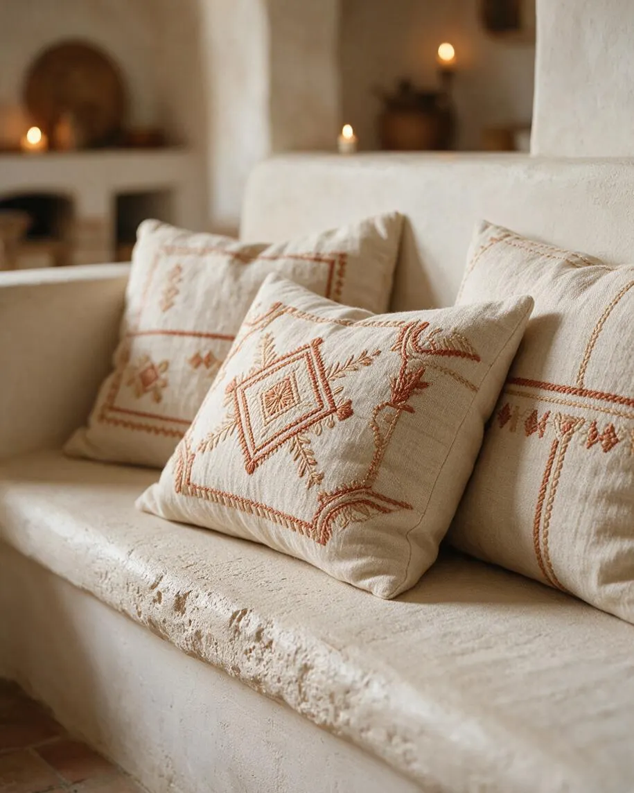 A cozy Mediterranean-style seating nook with a built-in plaster bench and three cream linen cushions embroidered in warm terracotta patterns. Soft candlelight glows in the blurred background, emphasizing the rustic textures and calm, earthy atmosphere.
